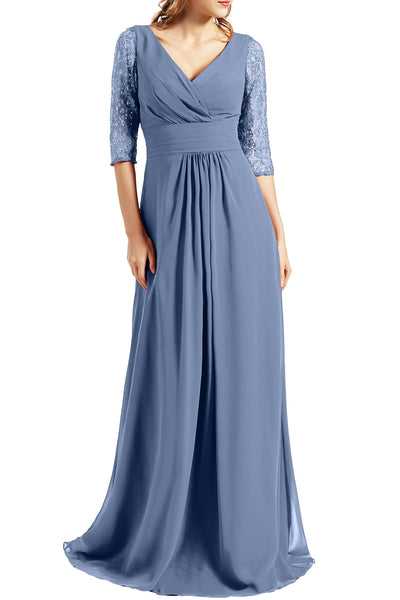 MACloth Women Long Mother of the Bride Dresses V Neck 3/4 Sleeves Evening Gown